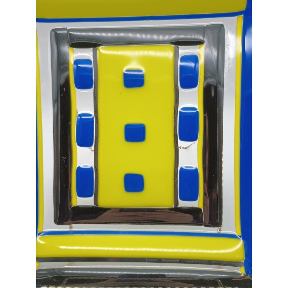 Fused Art Glass Tray Blue Yellow Black Candle Plate Centerpiece - Picture 2 of 6